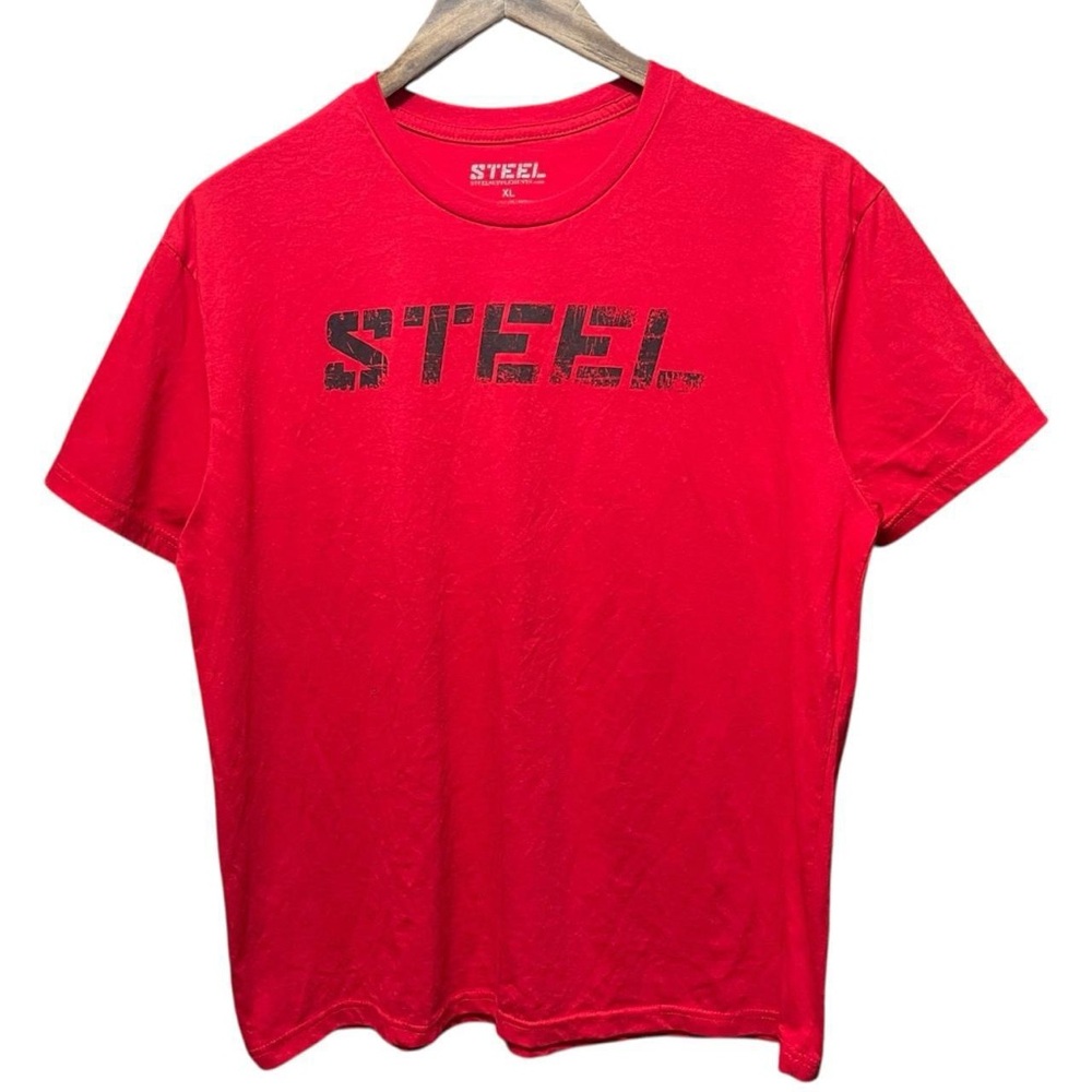 steel supplements gym workout short sleeve crewneck casual red black T-shirt